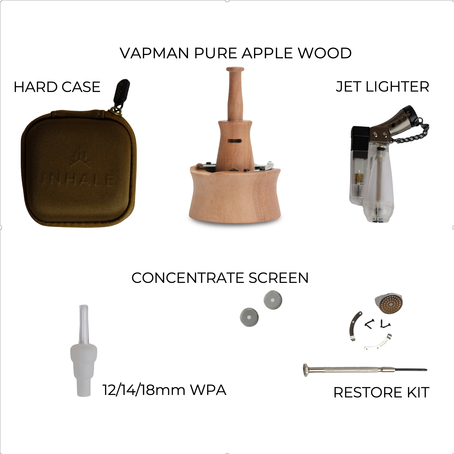 Complete Vapman Pure Click bundle including compact wooden vaporizer and accessories, designed for portable and efficient manual herb use