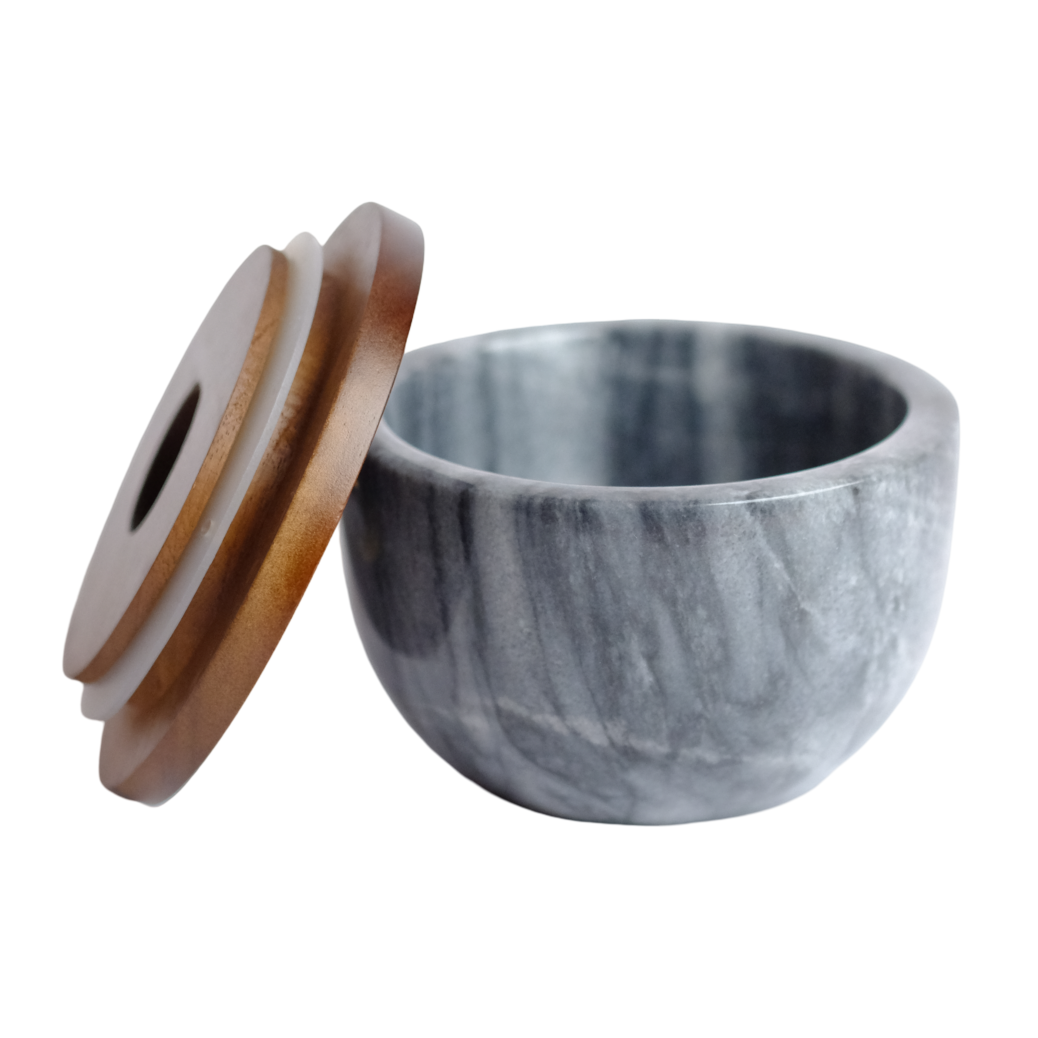 Gray marble bowl with a wooden lid on a white background