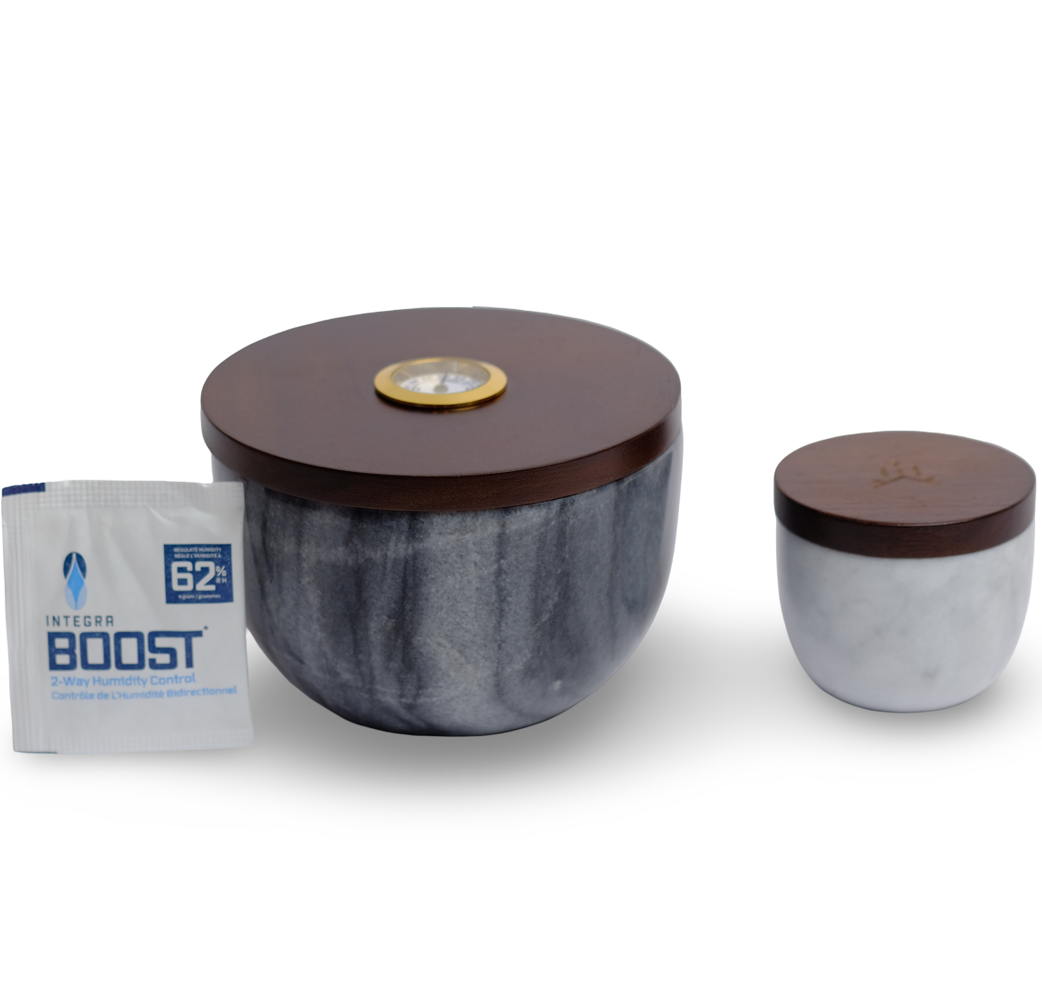 Set of two MARMO marble storage jars with wooden lids, designed for elegant, airtight storage of herbs and concentrates while preserving freshness and aroma