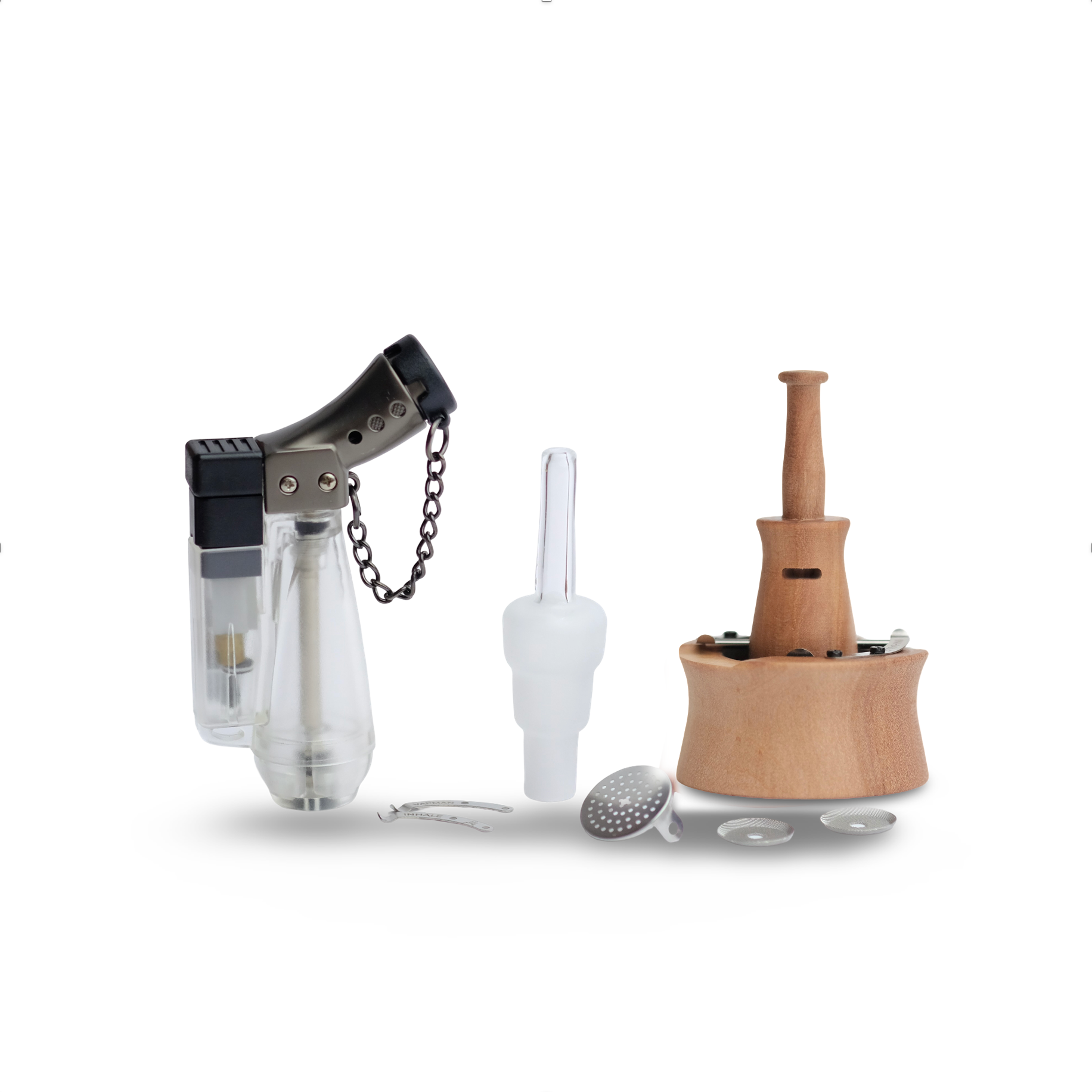 Complete Vapman Pure Click bundle including compact wooden vaporizer and accessories, designed for portable and efficient manual herb use