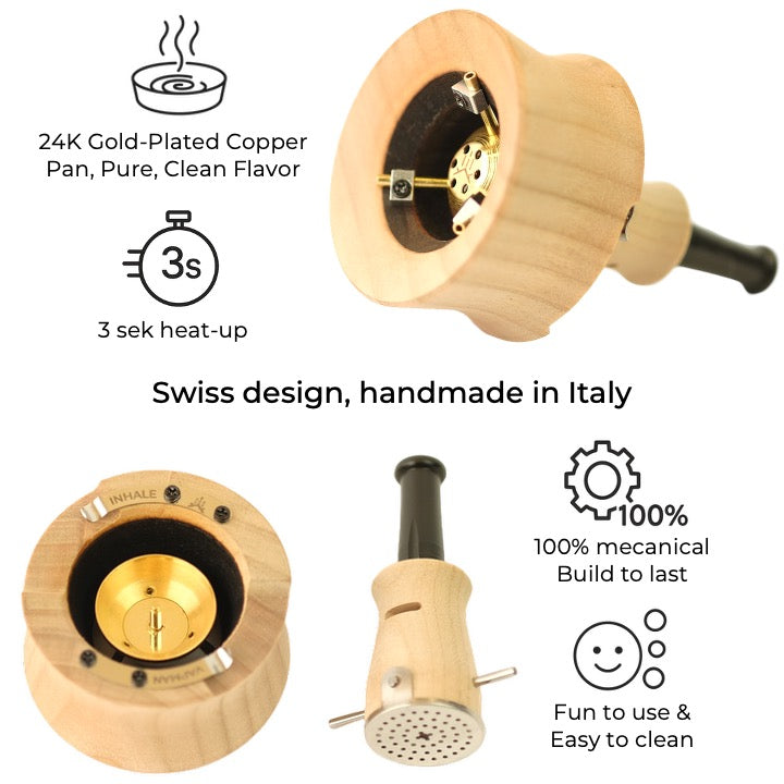 Vapman Click Cherry – Beautifully crafted cherry wood vaporizer with a gold-plated copper pan, instant click heating, and adjustable airflow for a customizable vaping experience.