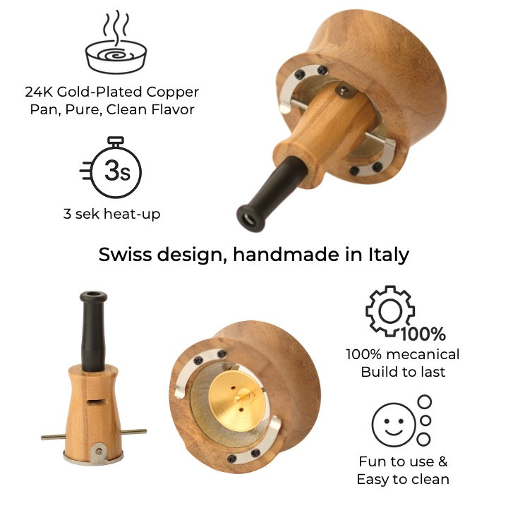 Vapman 2.0 Olive – A handcrafted vaporizer made from premium olive wood, featuring a gold-plated copper pan, precision heating, and adjustable airflow for an exceptional vaping experience.