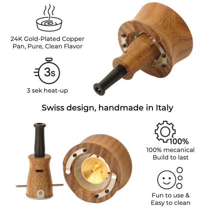 Vapman 2.0 Indian Satinwood – A handcrafted vaporizer made from rare Indian Satinwood, featuring a gold-plated copper pan, precision heating, and adjustable airflow for an optimal vaping experience.