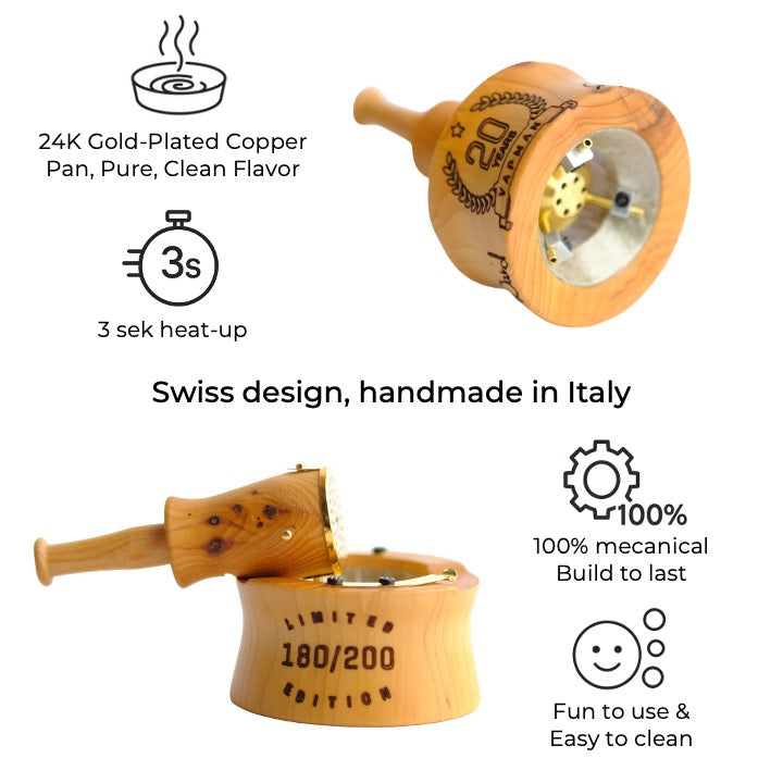 Vapman 20th Anniversary Edition – handcrafted yew wood vaporizer with 24K gold-plated heating chamber, celebrating two decades of Swiss precision and artisanal design.