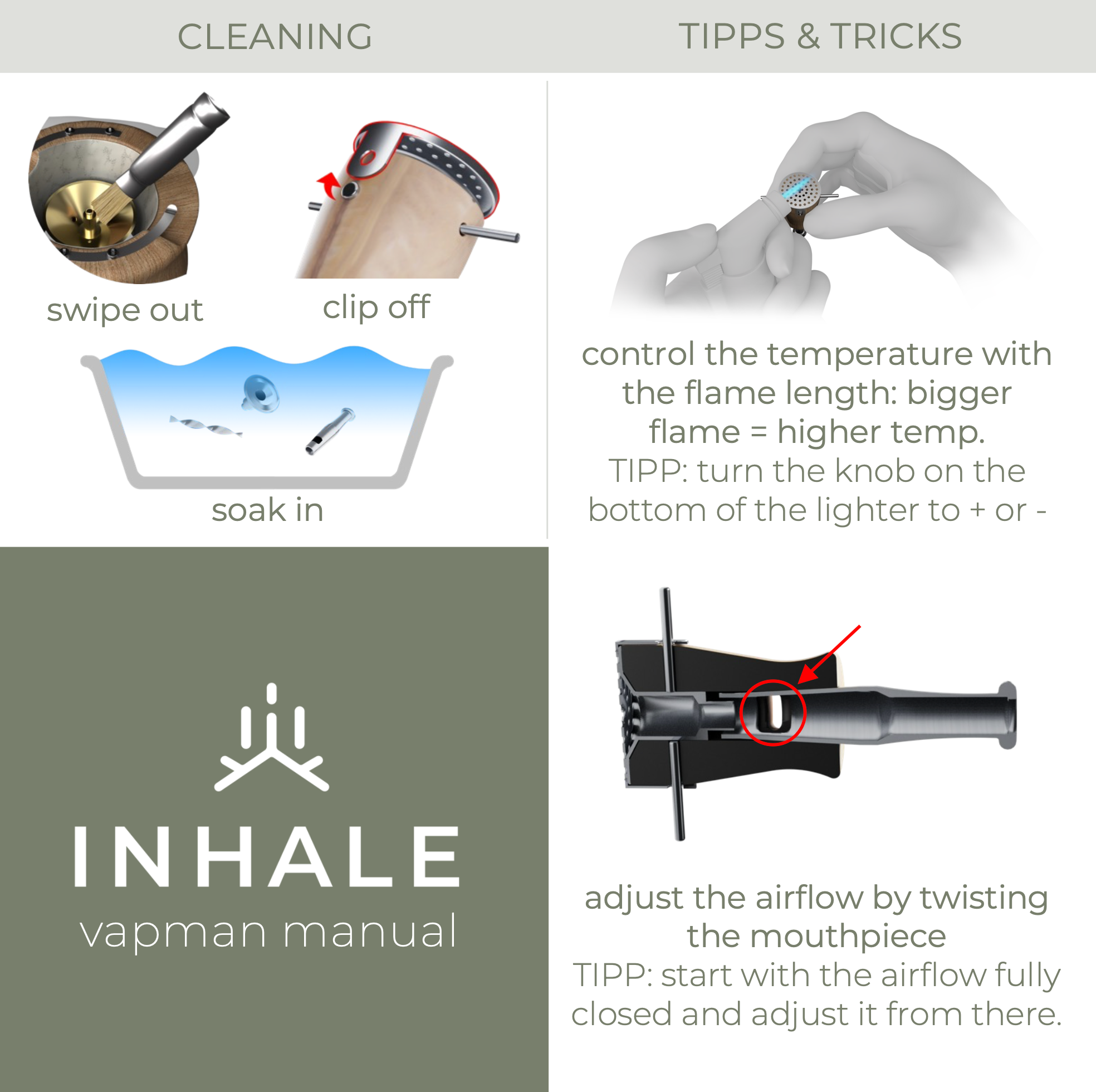 Vapman manual with cleaning tips, temperature control, and airflow adjustment instructions.