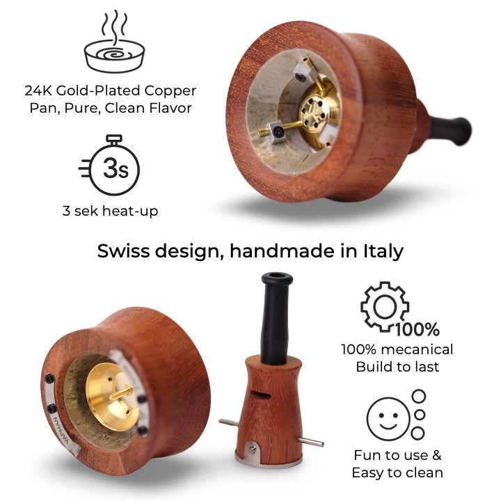 Vapman Click Classic Padouk – Premium Padouk wood vaporizer with a gold-plated copper pan, instant click heating, and fully adjustable airflow for a refined vaping experience.