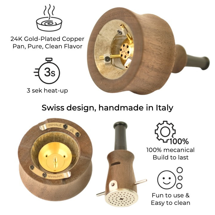 Vapman Click Classic Walnut – Premium walnut wood vaporizer with a gold-plated copper pan, instant click heating, and fully adjustable airflow for a refined vaping experience.