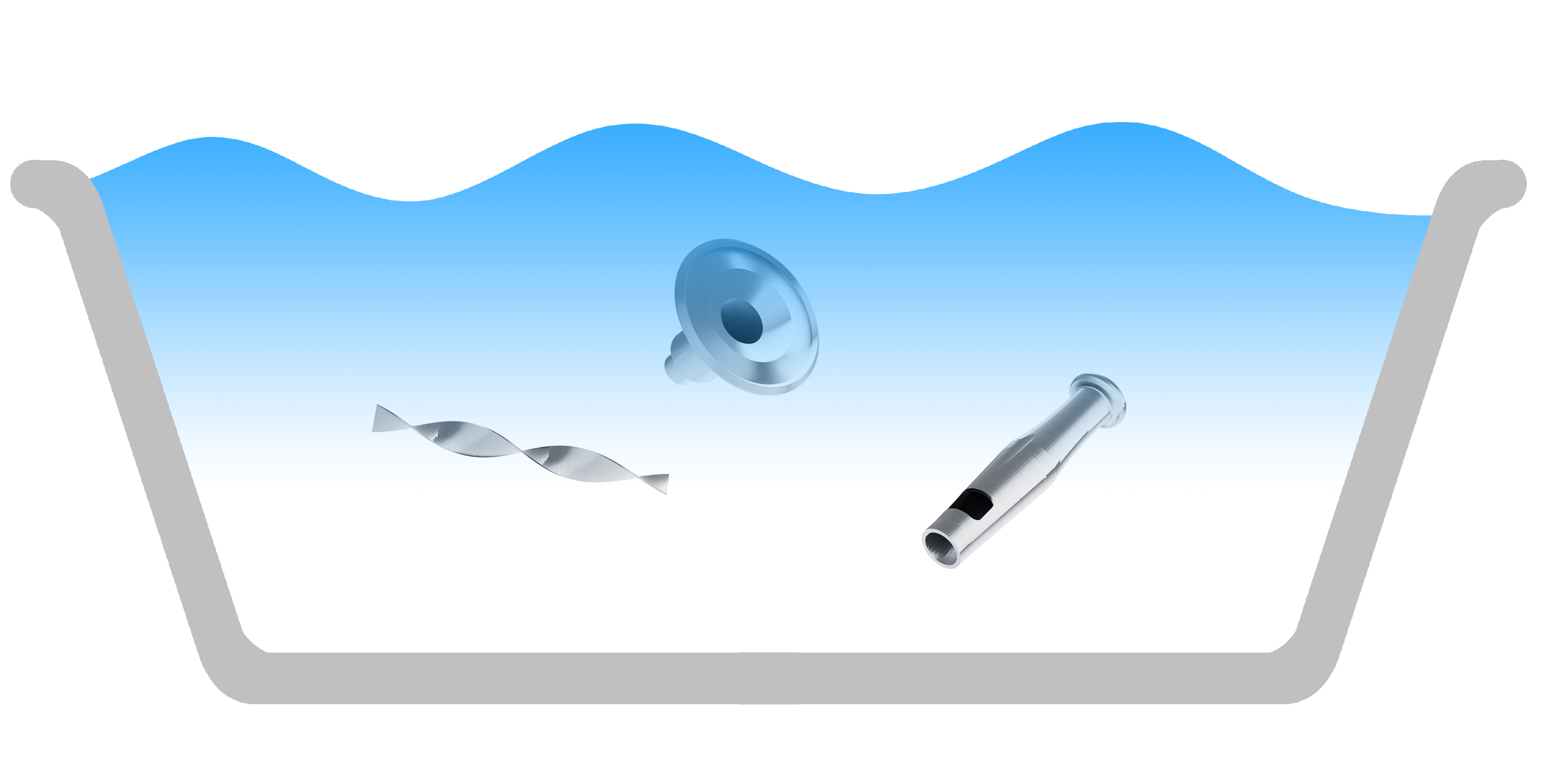 Illustration of vaporizer parts submerged in water for cleaning, including a funnel, cooling spiral, and mouthpiece, demonstrating the cleaning process