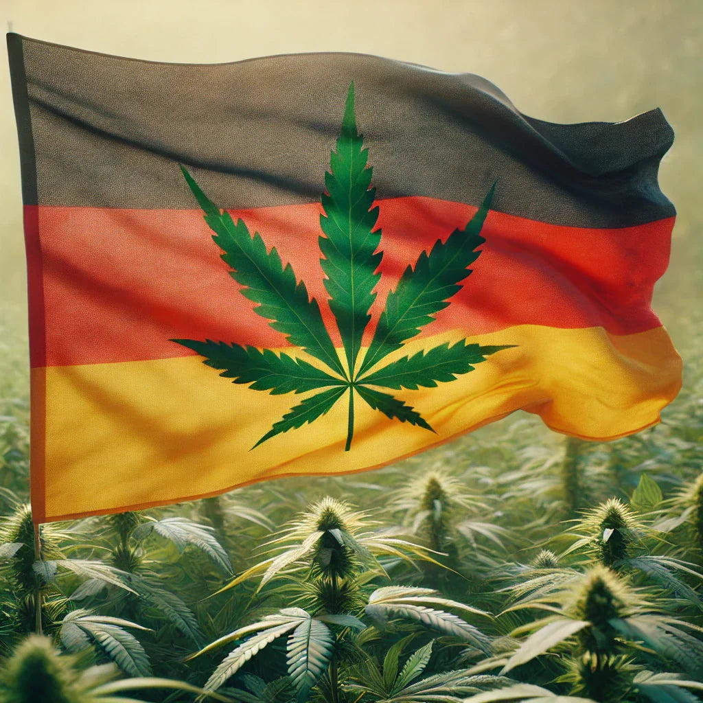Symbolic image of Germany’s herbal freedom: The German flag featuring a subtle hemp leaf, waving above a field of leafy, flower-free hemp plants. Represents mindful herbal use, analog vaporizers, and the shift toward natural rituals.