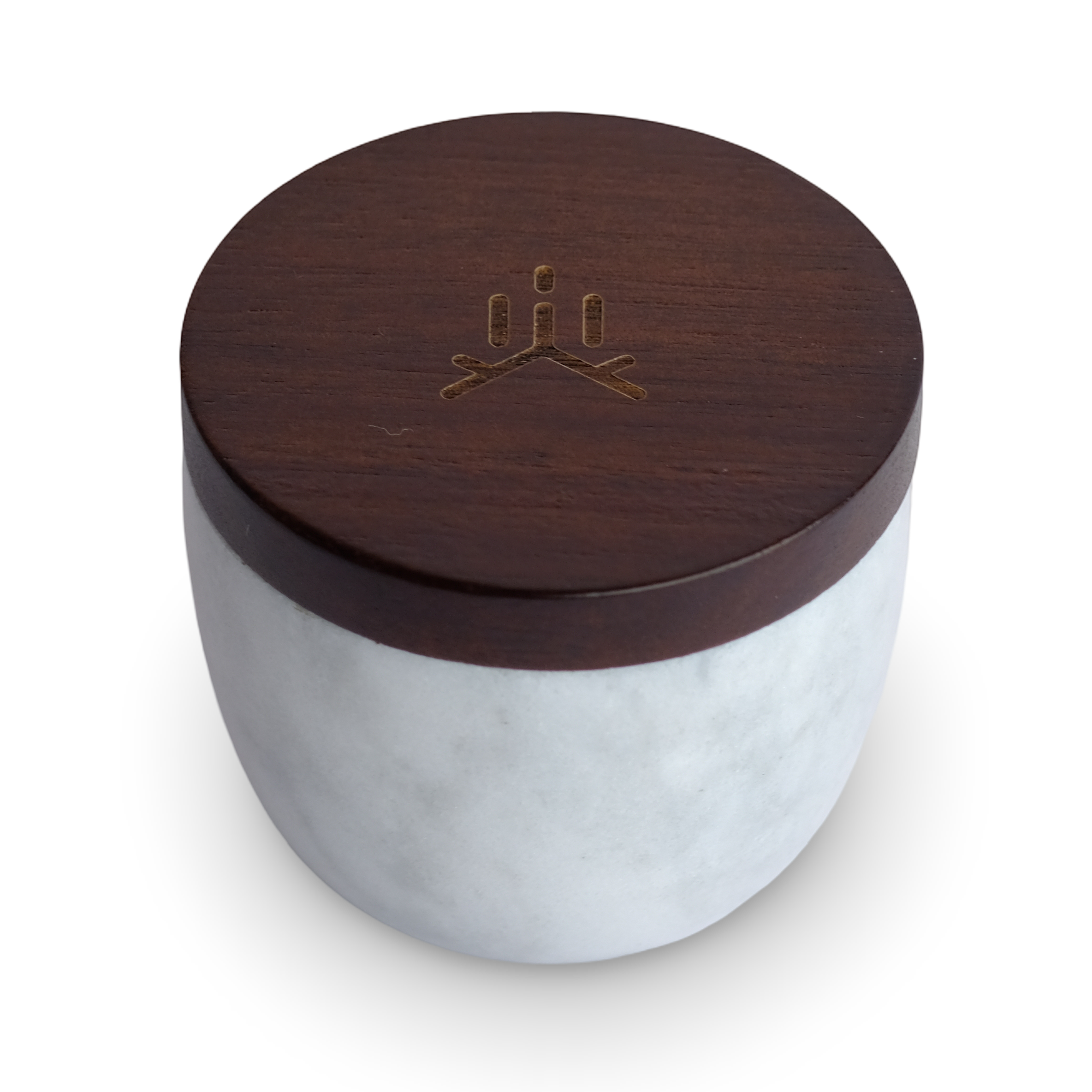 Round container with wooden lid on a white background