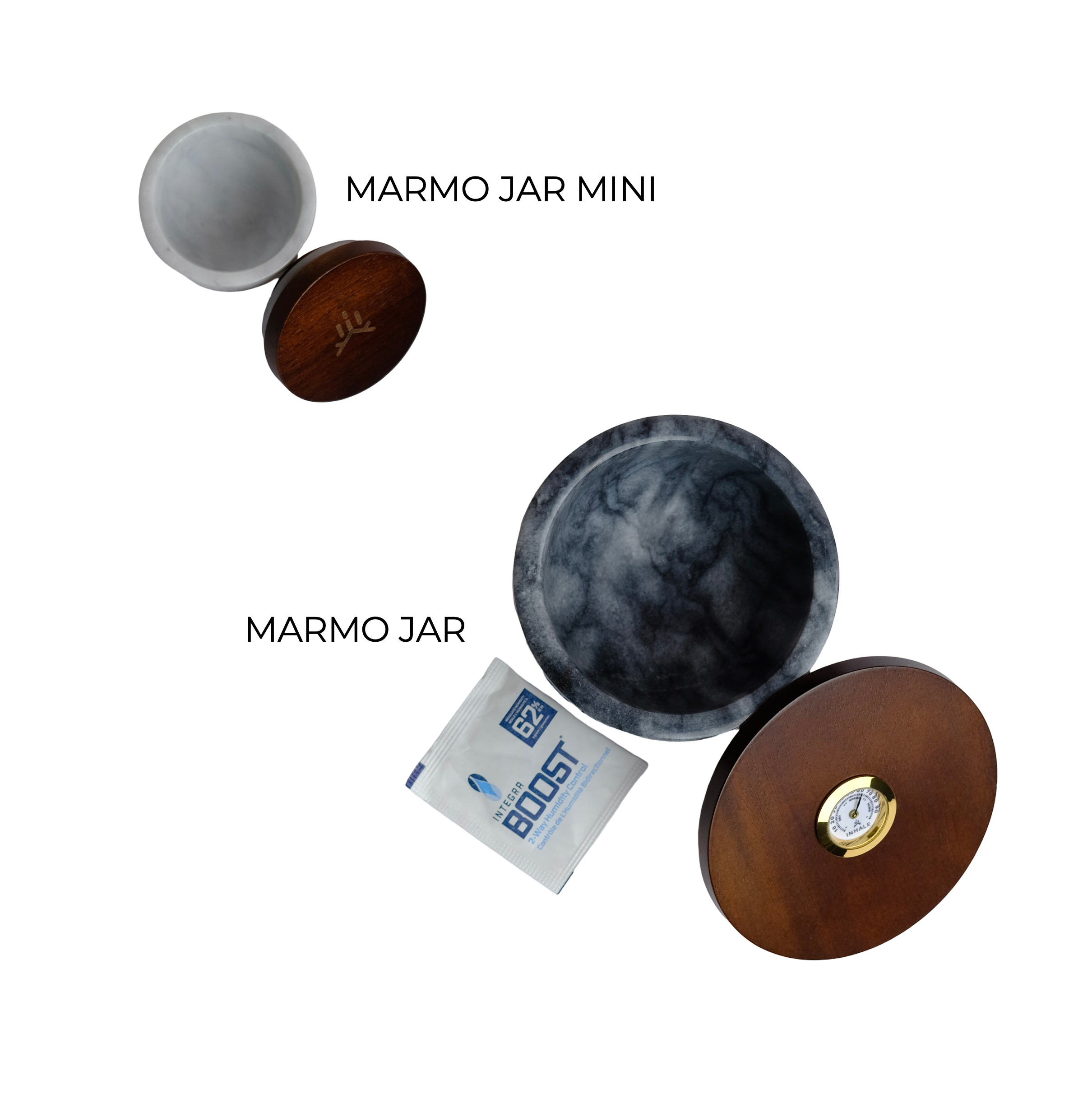 Set of two MARMO marble storage jars with wooden lids, designed for elegant, airtight storage of herbs and concentrates while preserving freshness and aroma