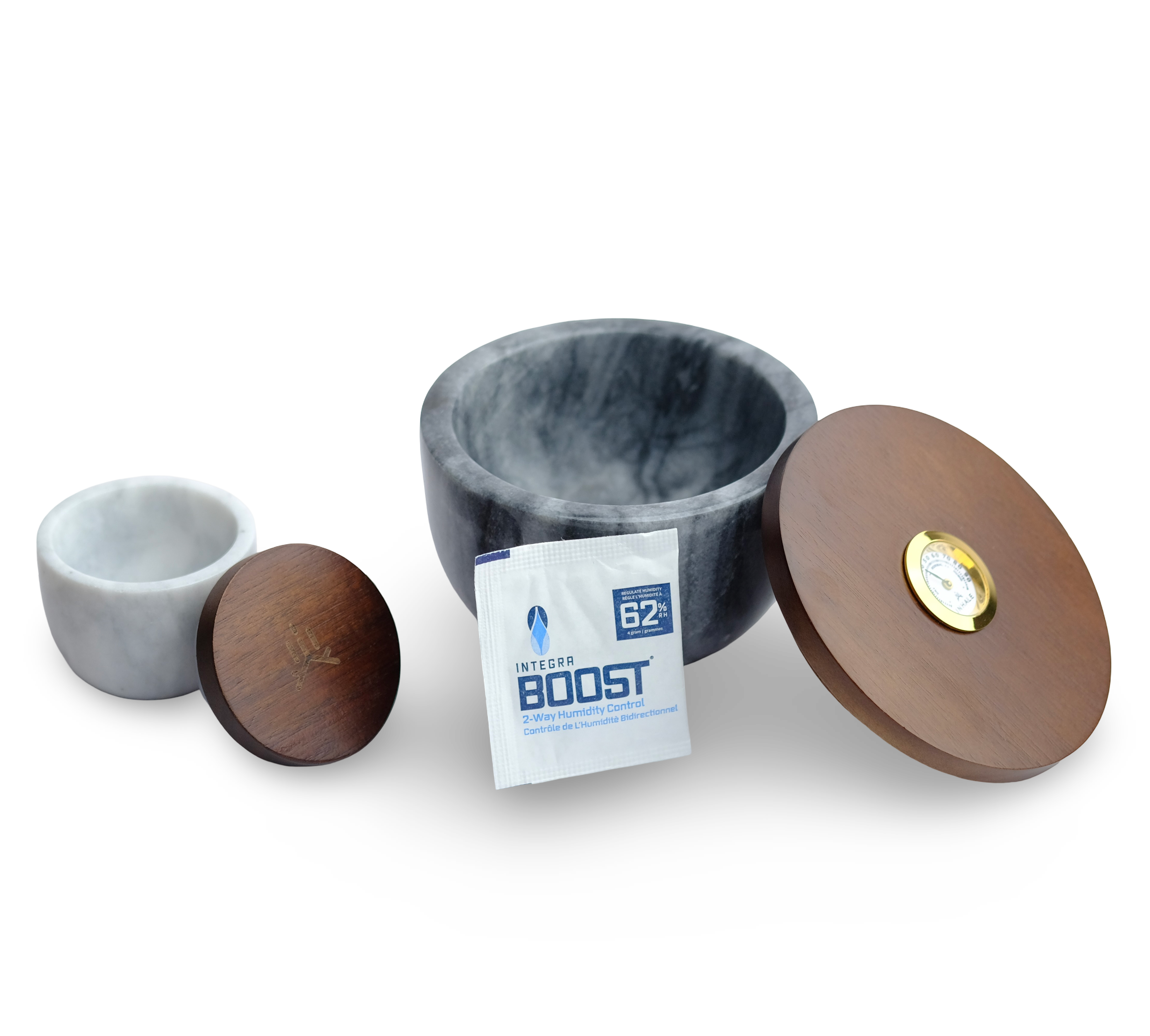 Set of two MARMO marble storage jars with wooden lids, designed for elegant, airtight storage of herbs and concentrates while preserving freshness and aroma