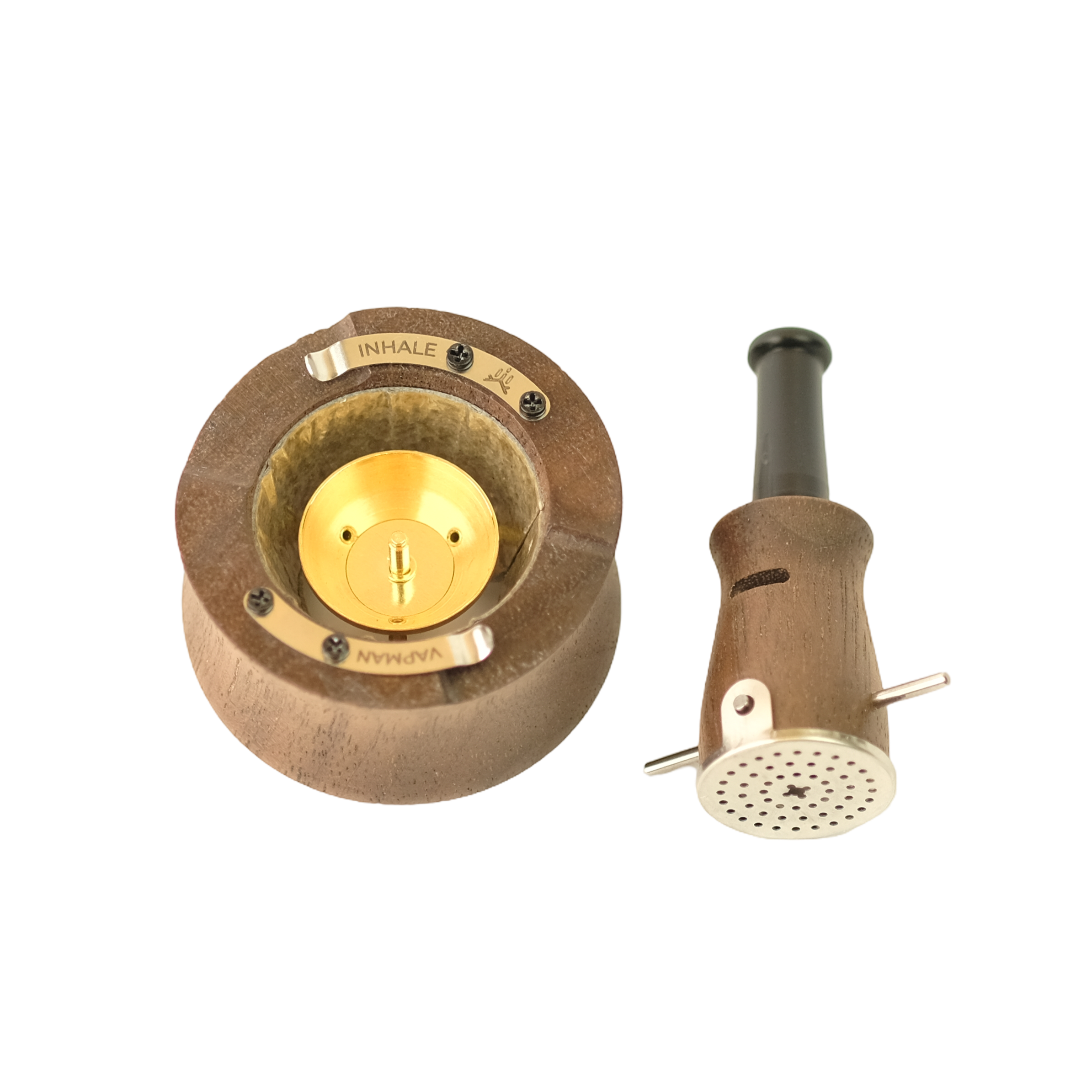 Vapman Click Classic Walnut – Premium walnut wood vaporizer with a gold-plated copper pan, instant click heating, and fully adjustable airflow for a refined vaping experience.