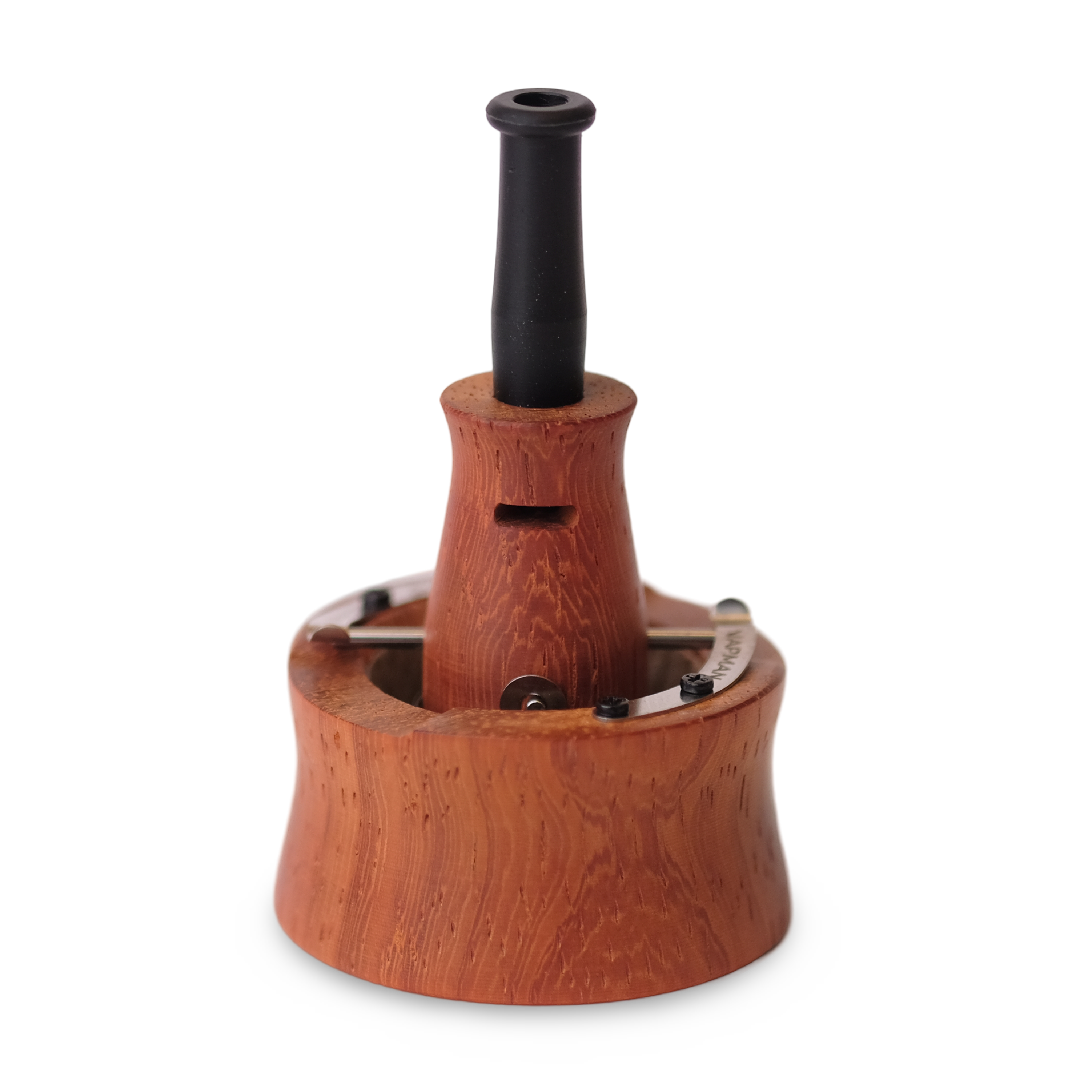 A classic wooden (padauk) vaporizer with a black mouthpiece, featuring a round base and a central cylindrical structure.