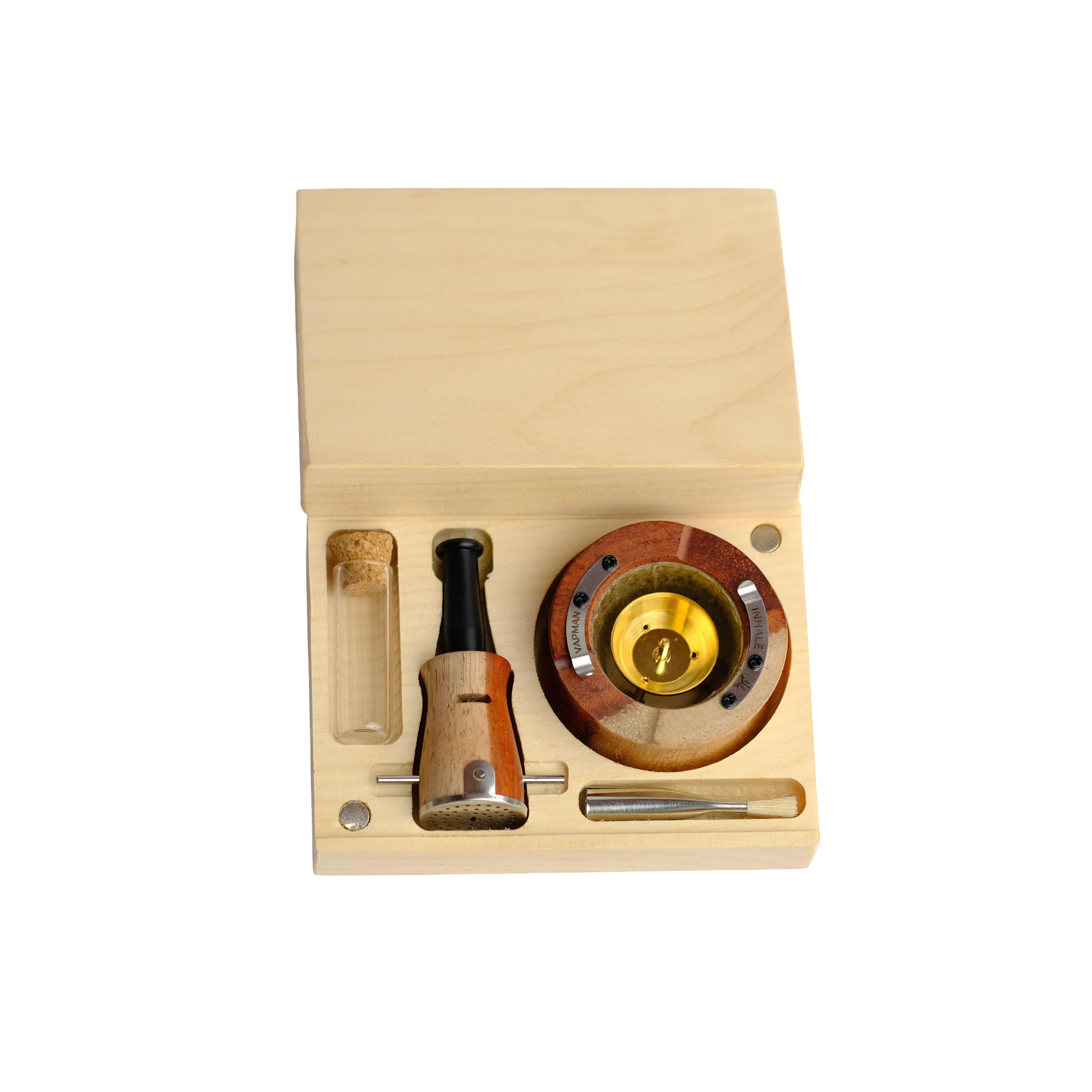 Handcrafted Vapman VapCase made from Italian pine wood, designed as a durable and elegant storage solution for safely carrying a vaporizer and accessories