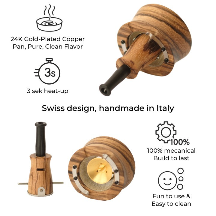 Vapman 2.0 Zebrano – A handcrafted vaporizer made from exotic Zebrano wood, featuring a gold-plated copper pan, precision heating, and adjustable airflow for a refined vaping experience.