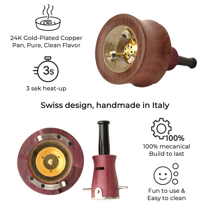 Vapman Click Purpleheart vaporizer made from premium purpleheart wood – Features a gold-plated copper pan, adjustable airflow, and fast heating for an optimal vaping experience.