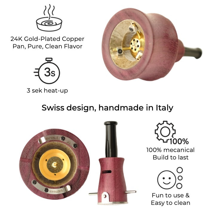 Vapman Click Purpleheart vaporizer made from premium purpleheart wood – Features a gold-plated copper pan, adjustable airflow, and fast heating for an optimal vaping experience.